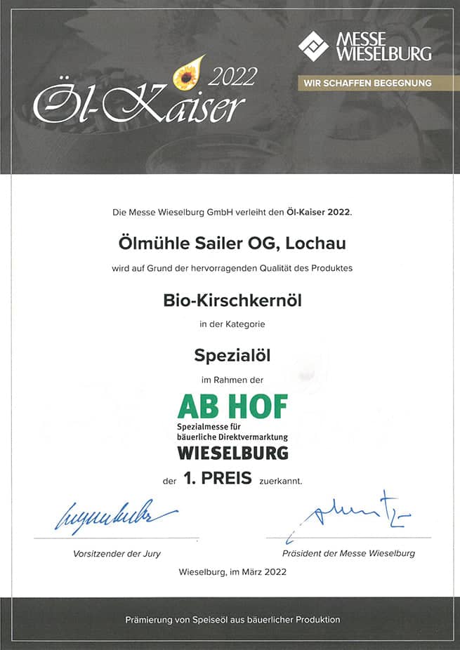 Kirschkernöl Zertifikat Ölkaiser 2022