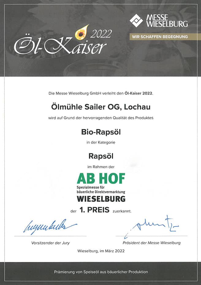 Rapsöl Zertifikat Ölkaiser 2022
