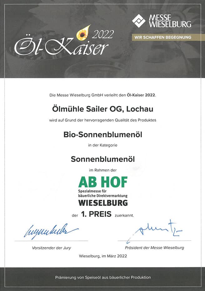 Sonnenblumenöl Zertifikat Ölkaiser 2022