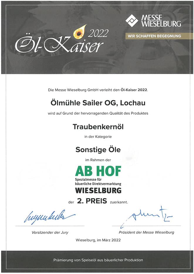 Traubenkernöl Zertifikat Ölkaiser 2022